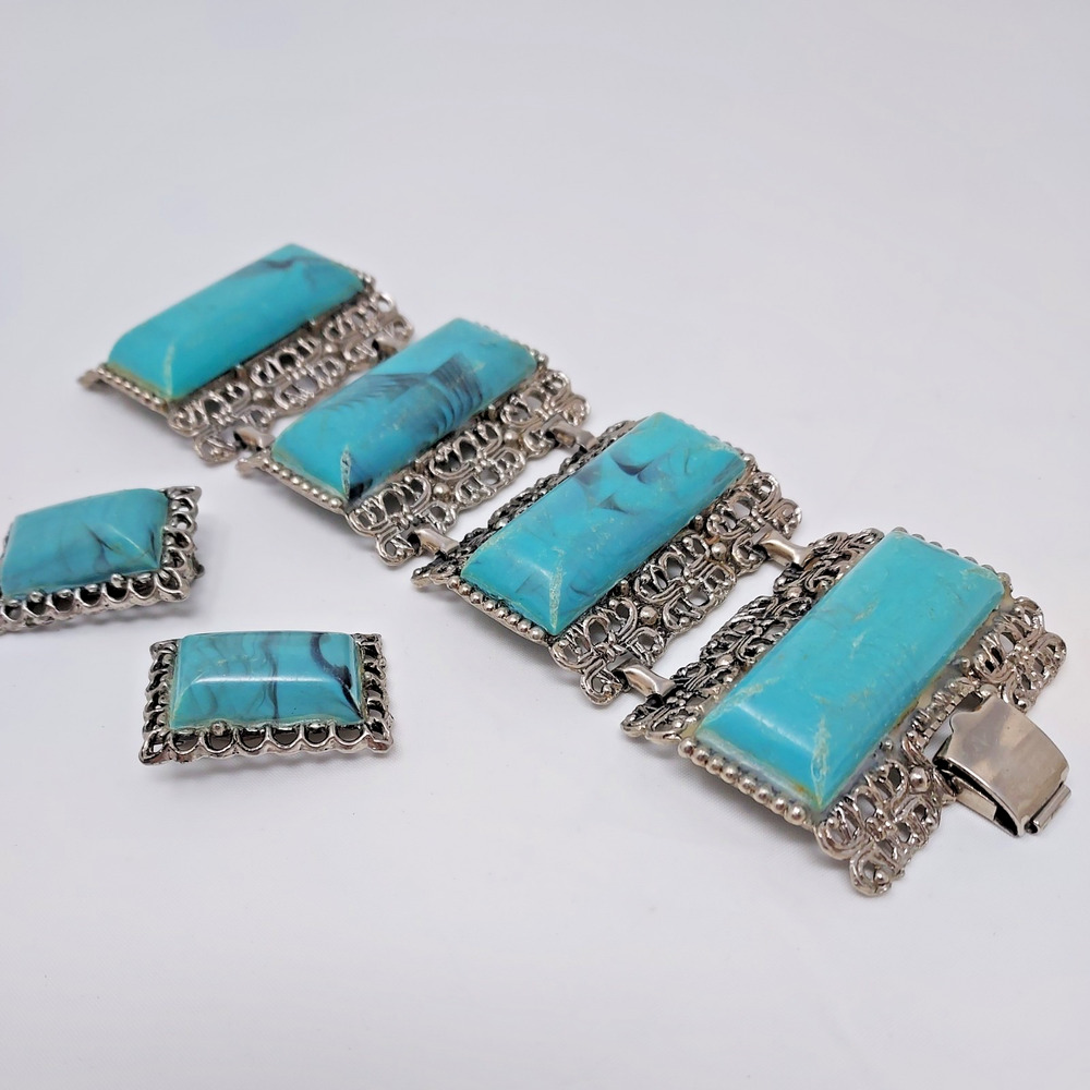 Vintage Panel Bracelet Clip Earrings Set Lucite Faux Turquoise Cabs